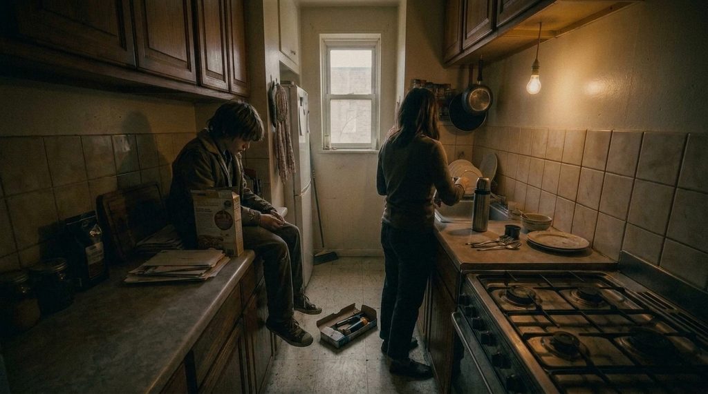 Real Mooiev output — master shot, same kitchen, characters placed