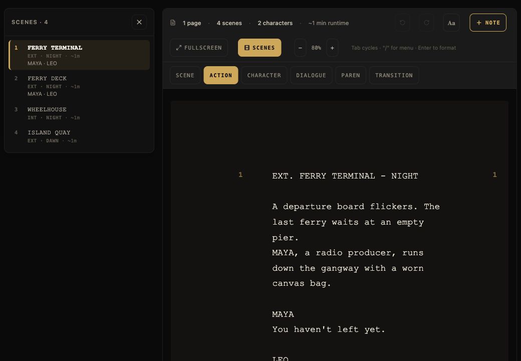 Mooiev screenplay editor and four-scene navigator for The Last Ferry
