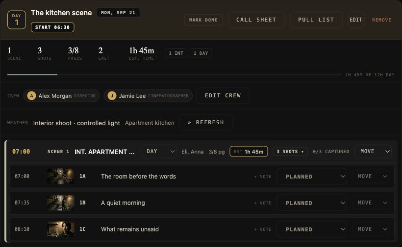 Mooiev stripboard showing a planned shooting day with three shots