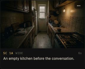 Actual Mooiev storyboard card: shot 1A, wide, an empty kitchen before the conversation