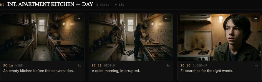 Actual Mooiev storyboard with three framed shots of the kitchen scene