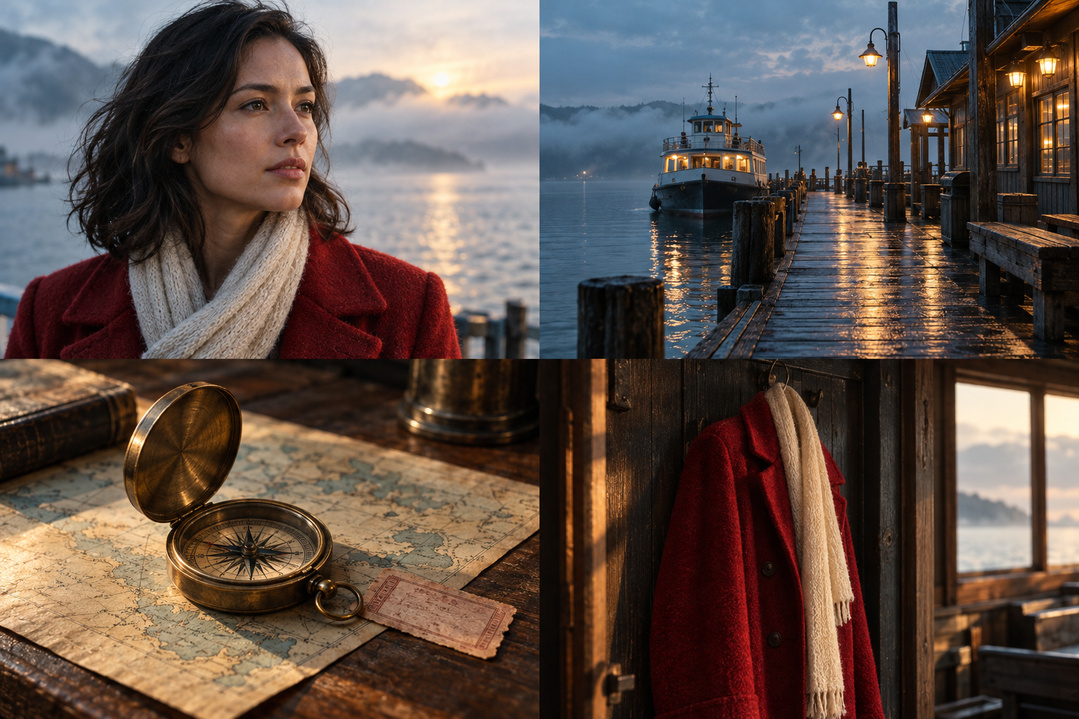 Lena in a red coat and cream scarf by the sea at dawn